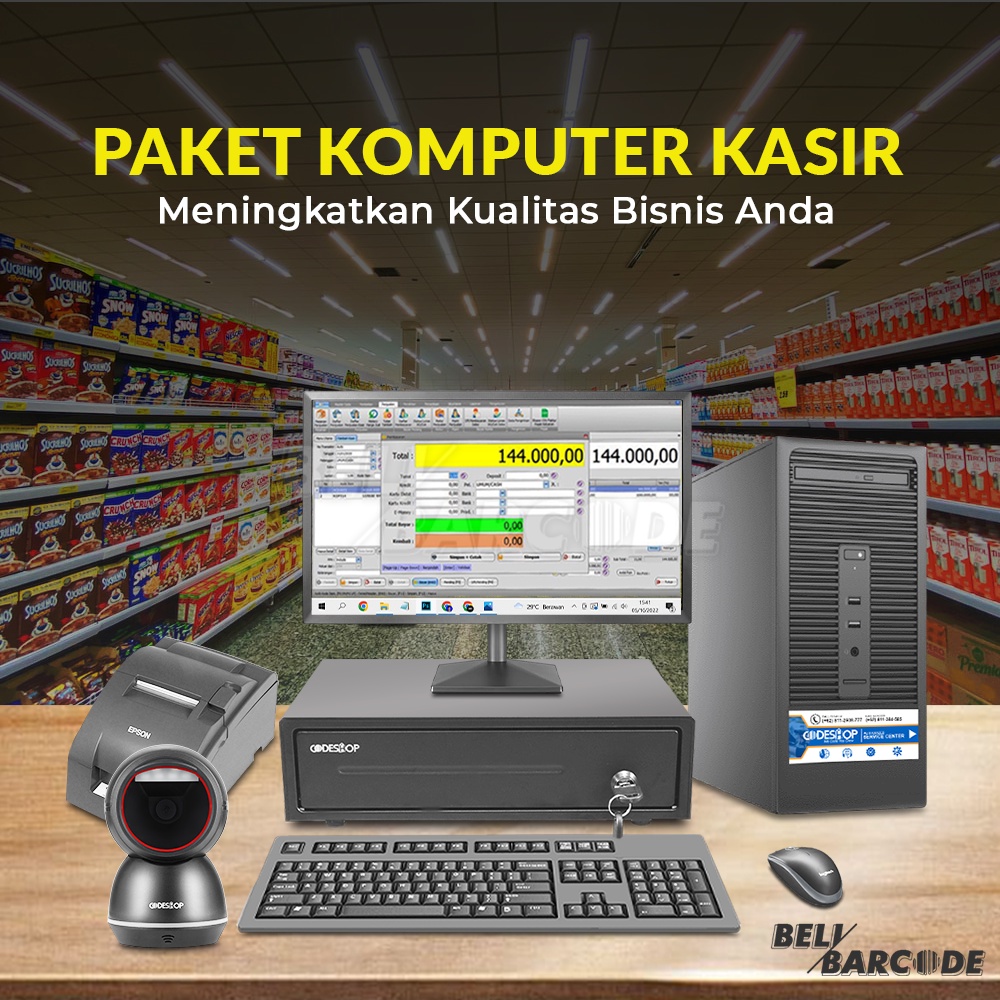 Satu Set Lengkap Komputer Kasir IPOS 5 PRO Scanner CD680 Printer TMU220B Cash Drawer CK415