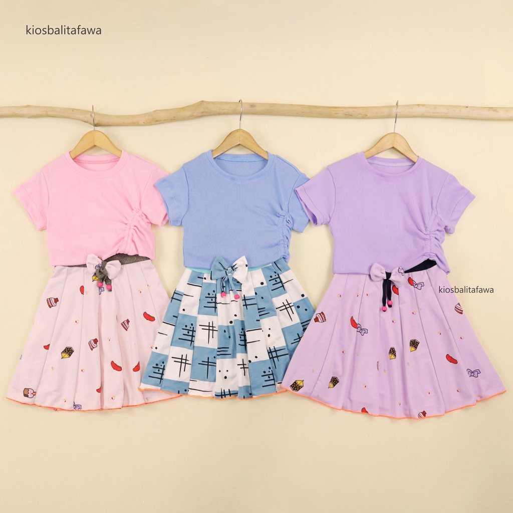 Setelan Mixed Bianca uk 2-5 Tahun / Set Kaos Knit Polos Anak Perempuan Baju Serut Rok Balita 2-5 Years Murah Babycinnamon