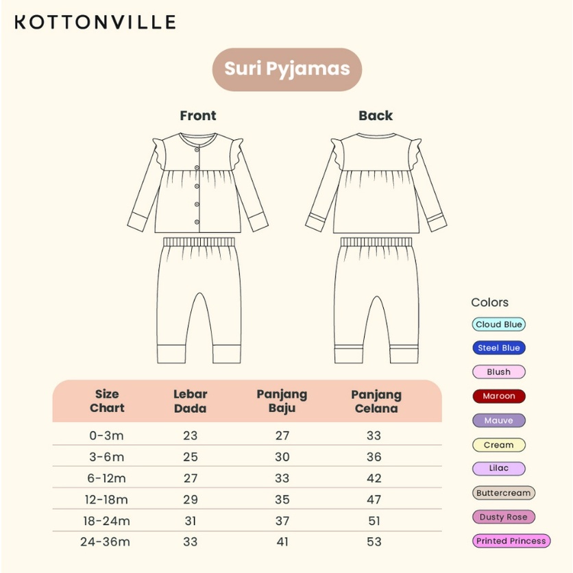 Kottonville Suri Pyjamas Set 0-3 Tahun Piyama Panjang Ruffle CBKS