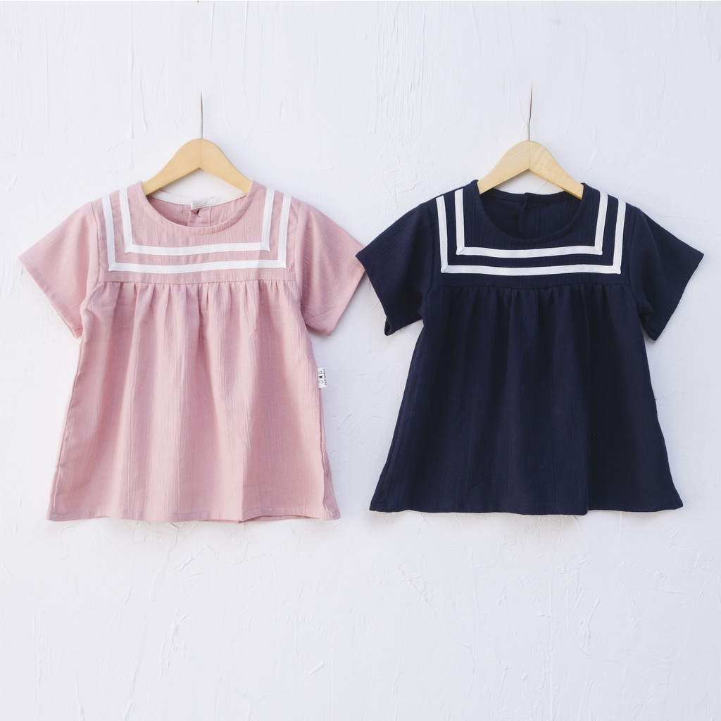 LINEA Dress Anak Linen Sailor Pink Navy Garis Putih KADO ULANG TAHUN BAYI