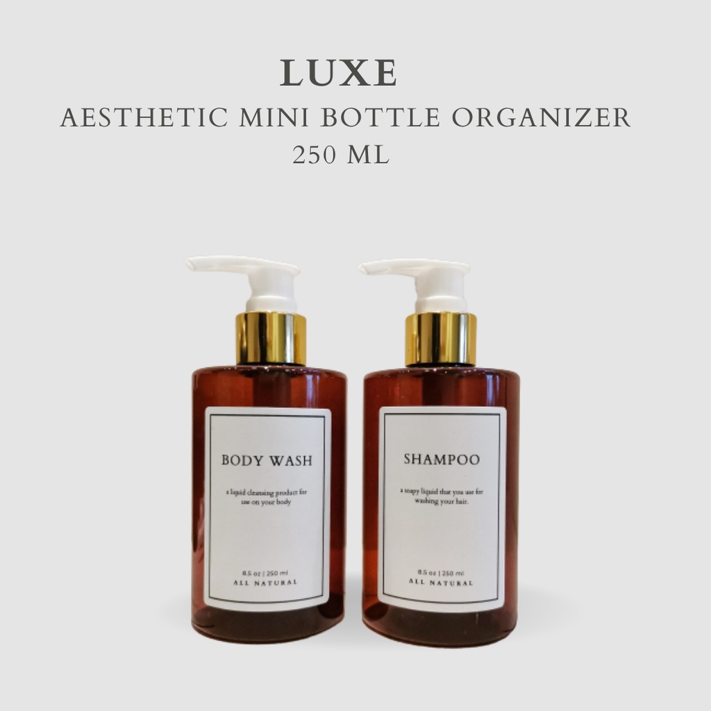 LUXE Botol MINI AMBER Label KOTAK PUTIH 250 ml Aesthetic Bottle Refill | Botol refill sabun /botol refill sabun/ botol isi ulang/botol sabun refill/botol sabun/botol pump/botol anak/bathroom organizer/bathroom amenities