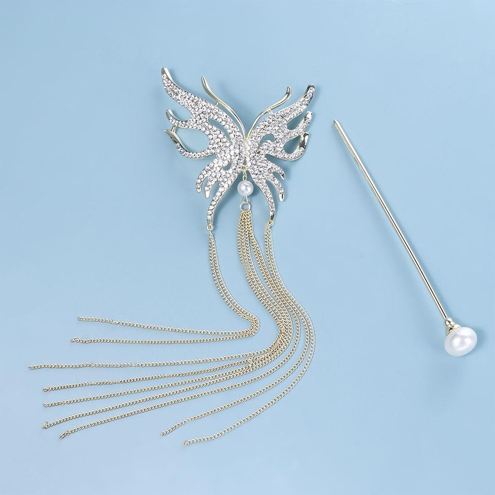 Needway Kupu-Kupu Rambut Tongkat Hair Clip Elegan Hanfu Bulang Mutiara Rantai Panjang Perempuan Berlian Sisipan Rambut Ladies Hair Fork