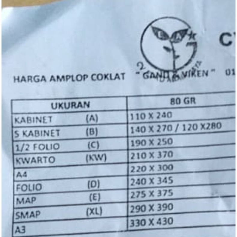 

Amplop Coklat polos Folio Gand ( 1pak/100pcs )