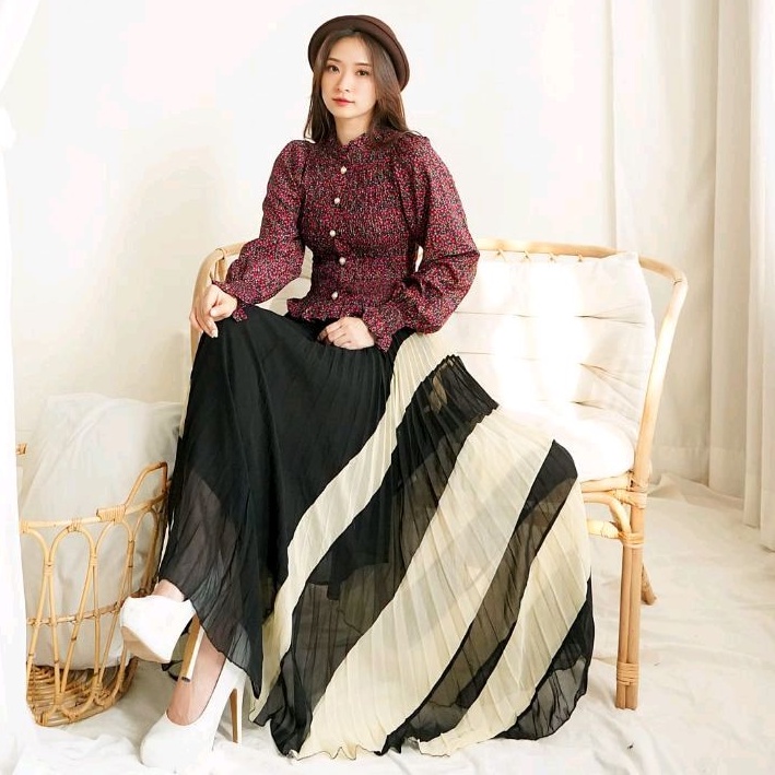 A1584 Set2in1 Setelan Baju atasan blouse SMOCKED smock set rok panjang Maxi skirt plisket panjang ga