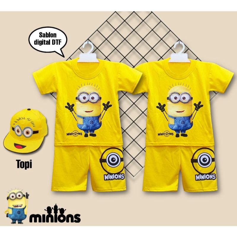 SETELAN ANAK MINIONS SABLON DTF USIA 1-10TAHUN DITAMBAH TOPI/SETELAN MINION AJA/TOPI MINION AJA