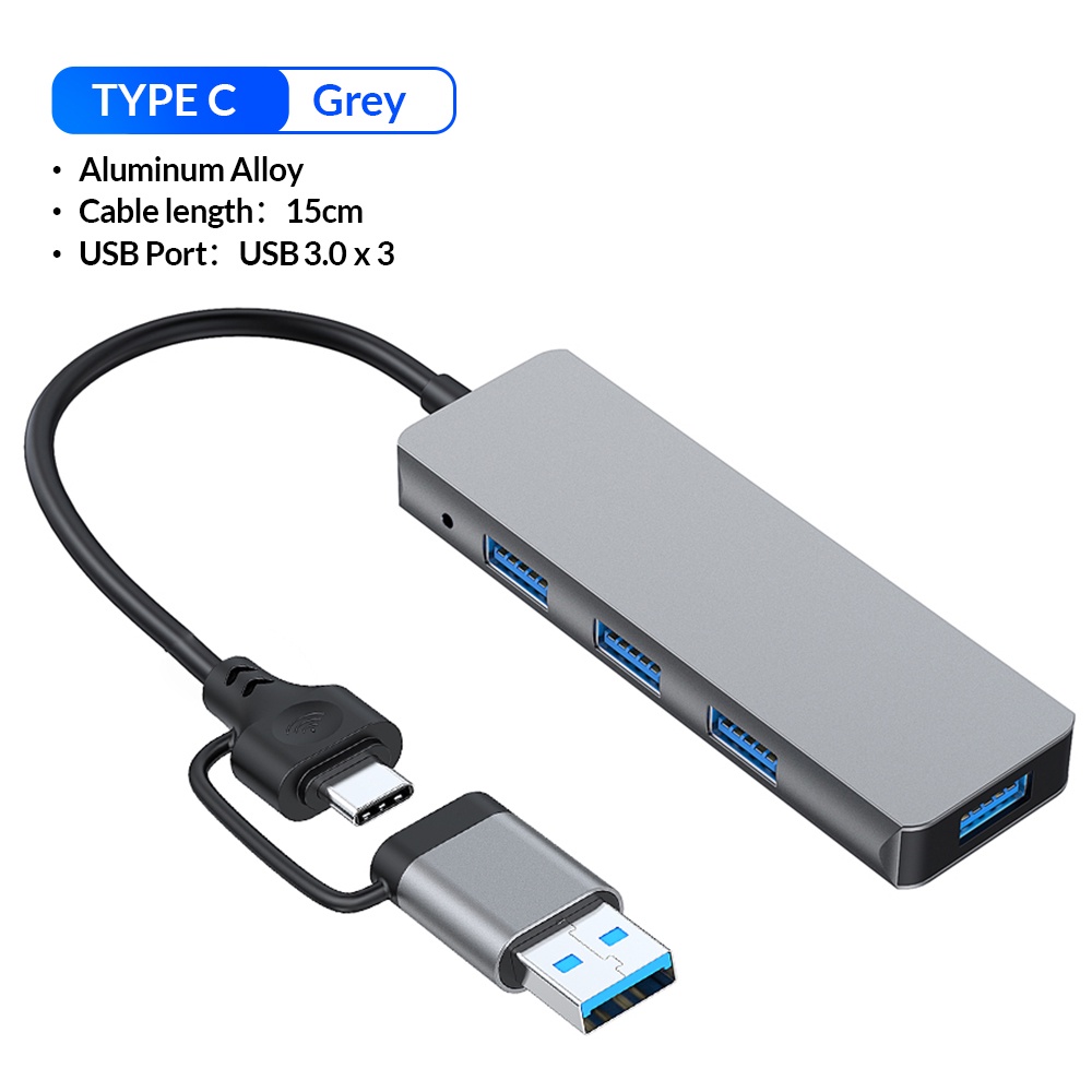 Actual【COD】Hub USB 3.0 4-Port Kecepatan Tinggi untuk Laptop, Komputer PC Antarmuka USB + Type C