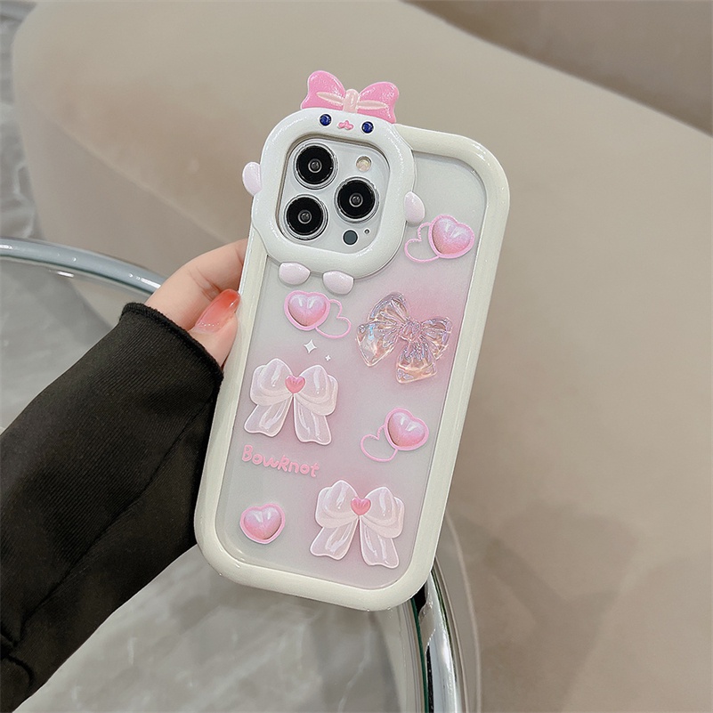 Soft Case Pelindung Lensa Bahan Silikon Tahan Banting Aksen Pita Pink Untuk iPhone 14 13 12 11 Pro Max X Xr Xs Max 7 8 6s Plus