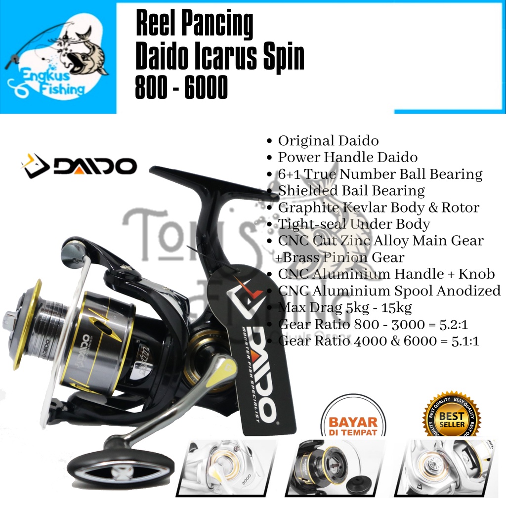 Reel Pancing Daido Icarus Spin 800 - 6000 (6+1 Bearing) Power Handle Full Seal Bearing -  Engkus Fishing