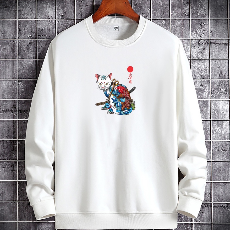 Sweater Baju Pria Lengan Panjang / Motif Kucing Jepang Samurai / Kaos Lengan Panjang / Baju pria Wan