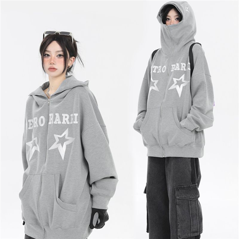 American Retro Street Niche Huruf Bintang Pasangan Berkerudung Fleece Sweater Turtleneck Jaket Pria dan Wanita Longgar Hoodies