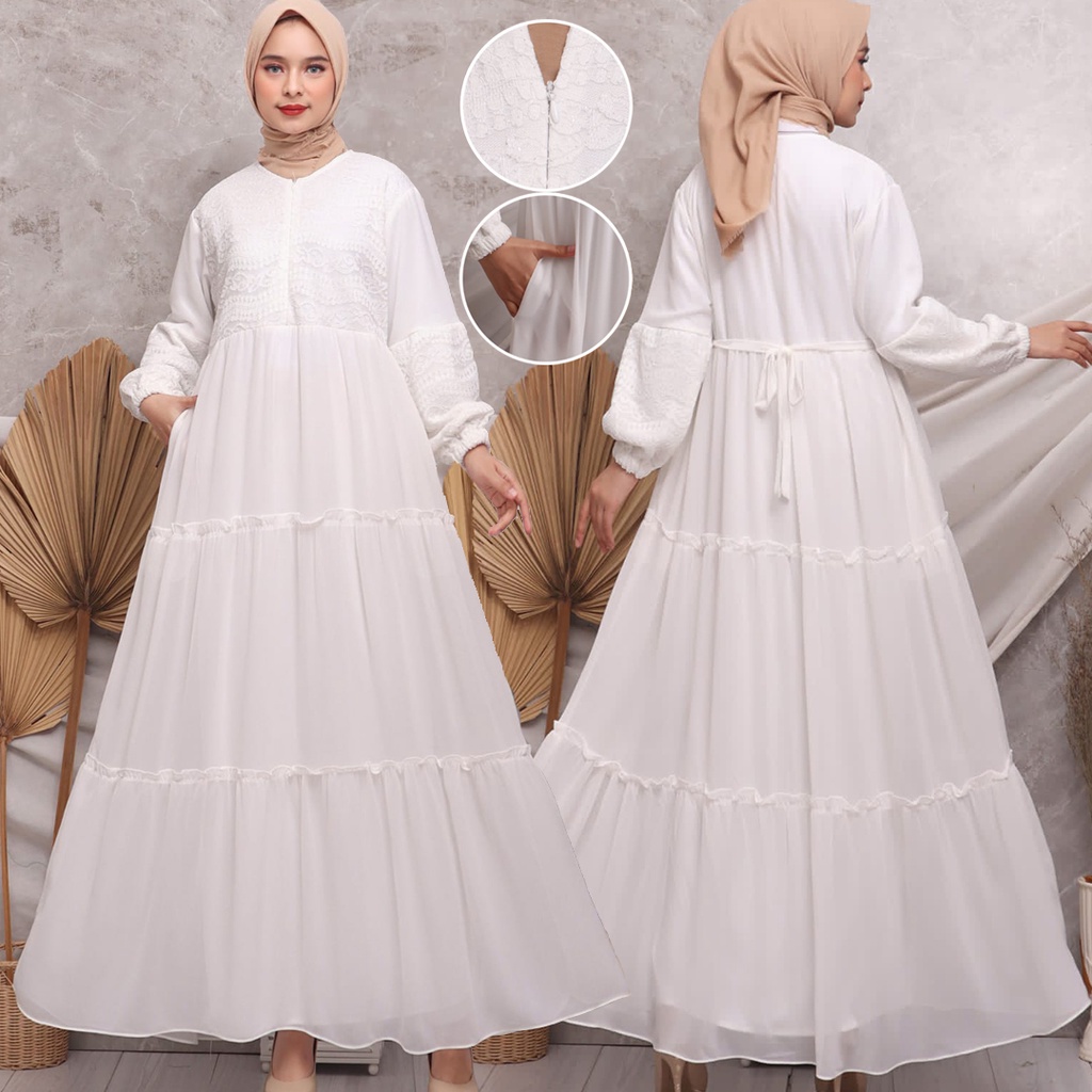 KKUM OFFICIAL Gamis Putih JUMBO Baju Lebaran Umroh Haji Busana Muslim Hijab Dress Brukat AGNES Wanita Terbaru