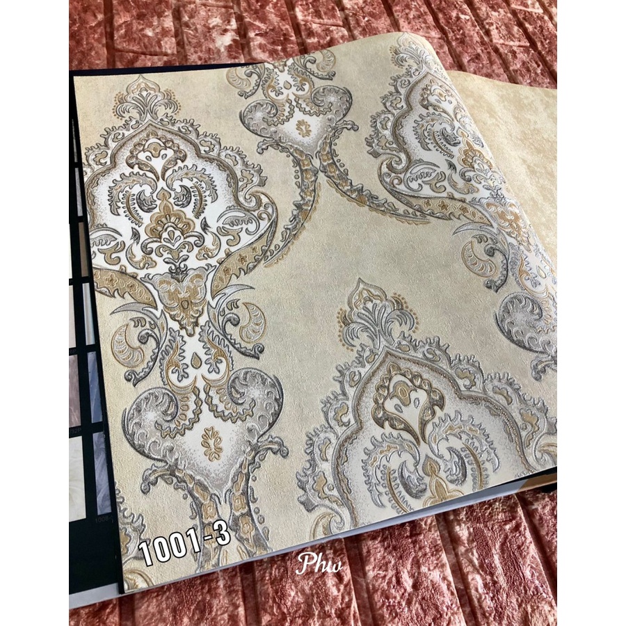 WALLPAPER DINDING KLASIK BATIK CREAM ABU SERAT TEBAL GRACE