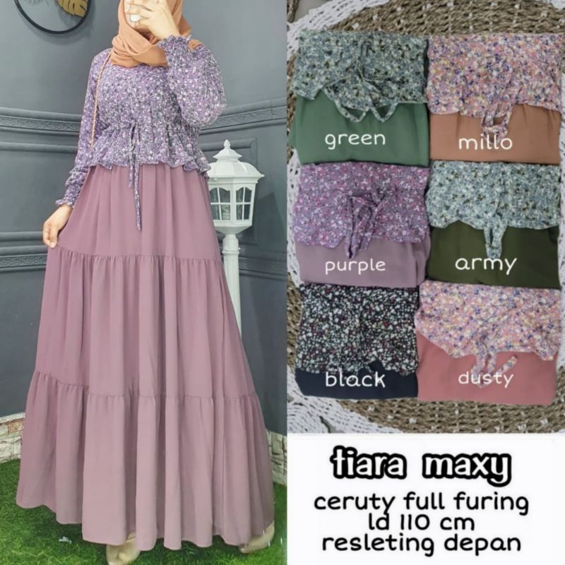 Gamis kasual wanita busui dress ceruty tiara maxy LD 110 Bahan ceruty babydoll lapis furing