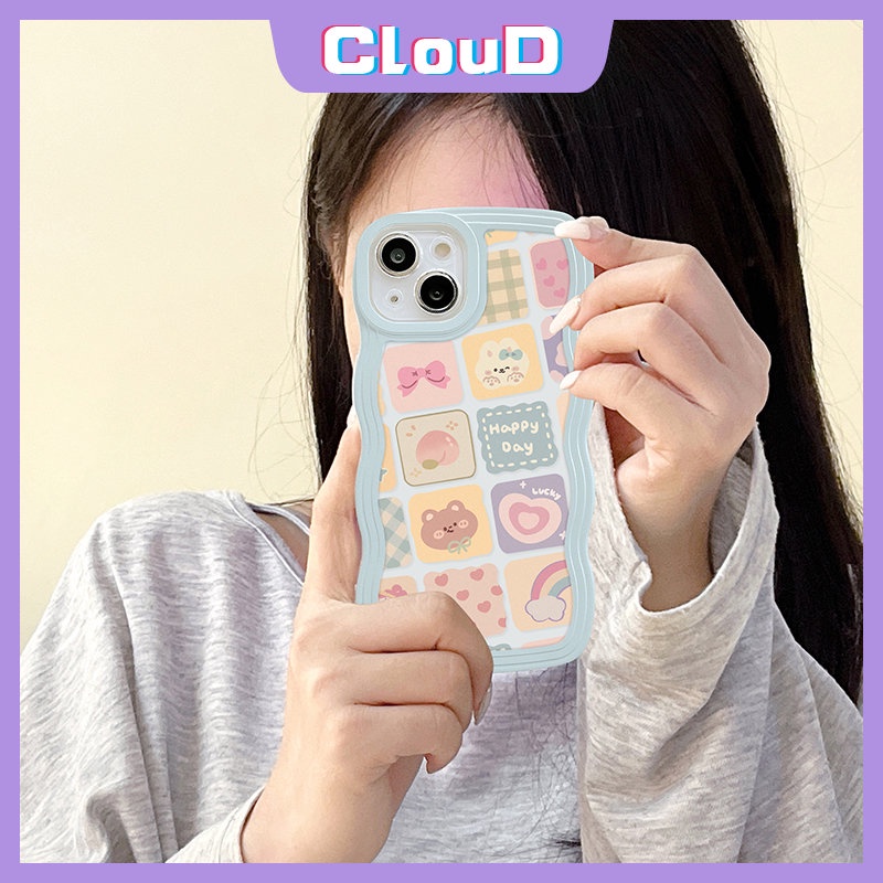 Oppo A17 A15 A57 A95 A16K A16 A54 A12 A74 A5 A9 A16s A55 A76 A96 A1k A53 A35 A5s A7 A3s A72 A77s A52 Reno 6 8 7 Gelombang Tepi Kartun Ilustrasi Kisi Rainbow Beruang Lucu Soft Case
