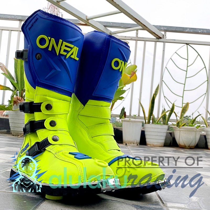 Sepatu Trail Boots with Protector Motocross MX Lokal Premium Best Quality - Blue in Fluogreen