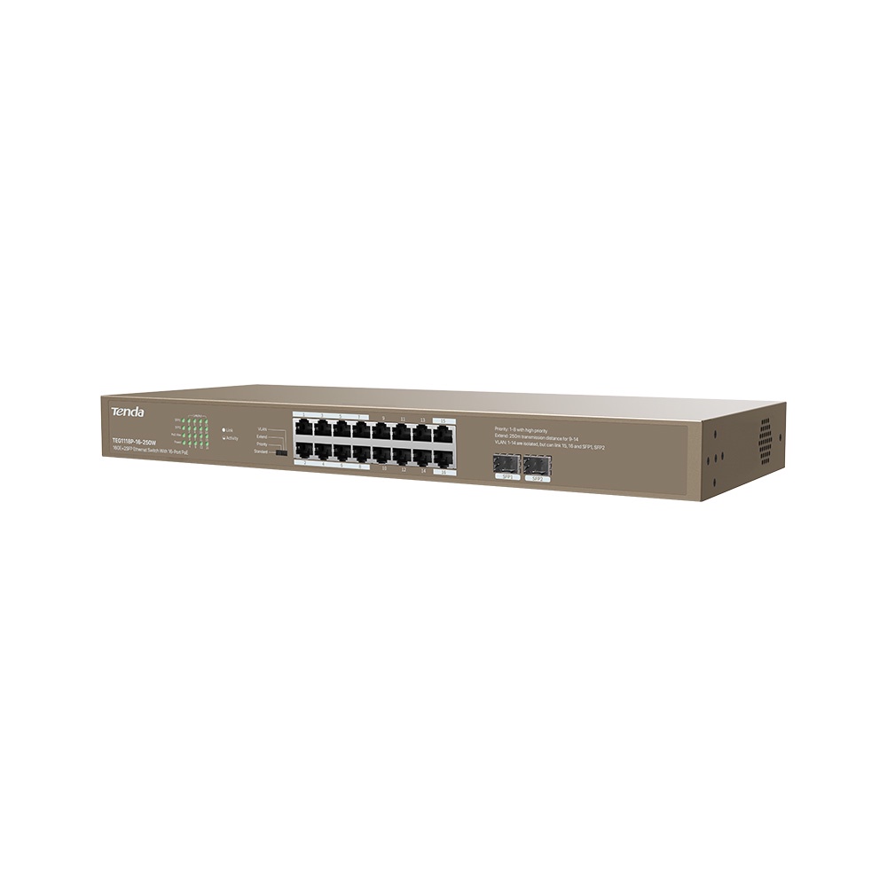 TENDA TEG1118P-16-250W 16GE+2SFP Ethernet Switch With 16-Port PoE