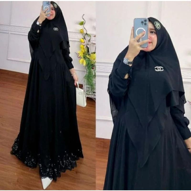 Baju Syari Terbaru 2022 Gamis Set Jilbab Rabiya Syari Khimar 2 Layer Setelan Wanita Muslim Jumbo Ceruty Babydoll Aplikasi Renda