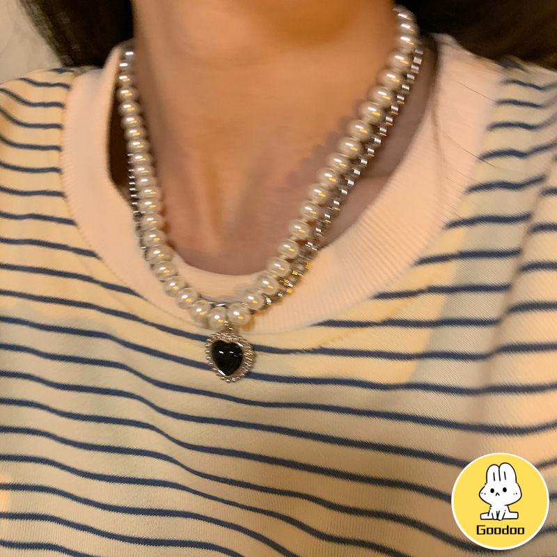 Kalung Rantai Klavikula Model Double Layer Aksen Mutiara Warna Hitam Gaya Retro Hip-Hop Untuk Wanita -Doo