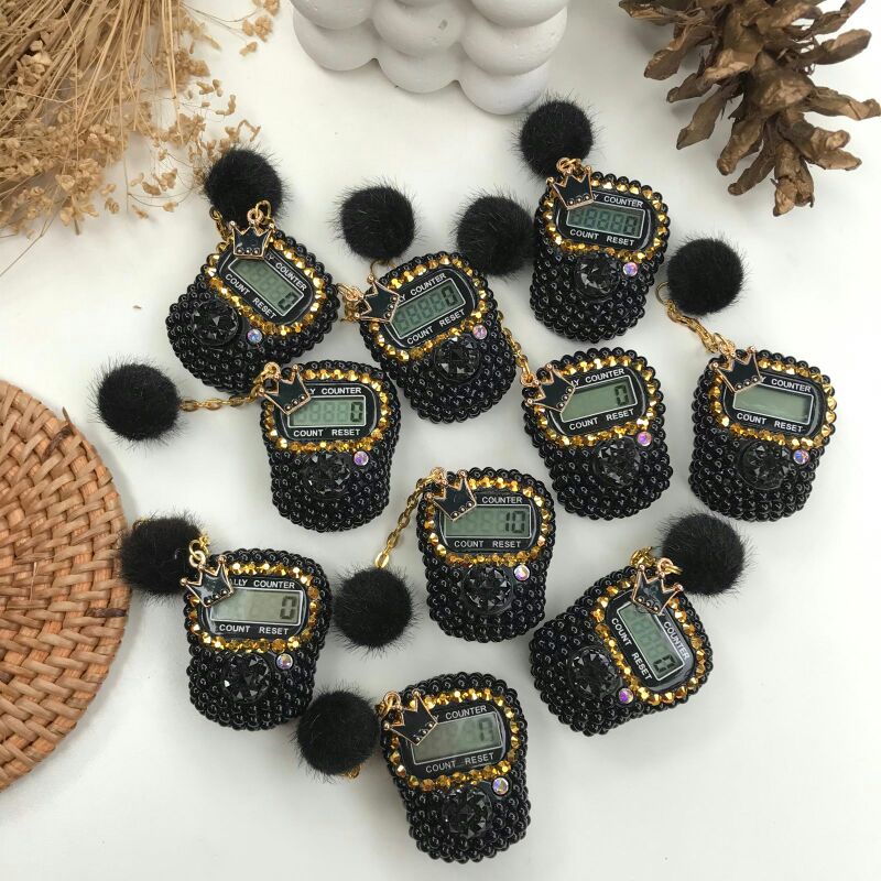 tasbih digital swarovski hitam bandul pompom
