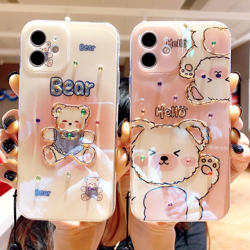 Case Desain Beruang Pink Emas Untuk IPhone 12 13 11 Pro Max X Xs Max Xr