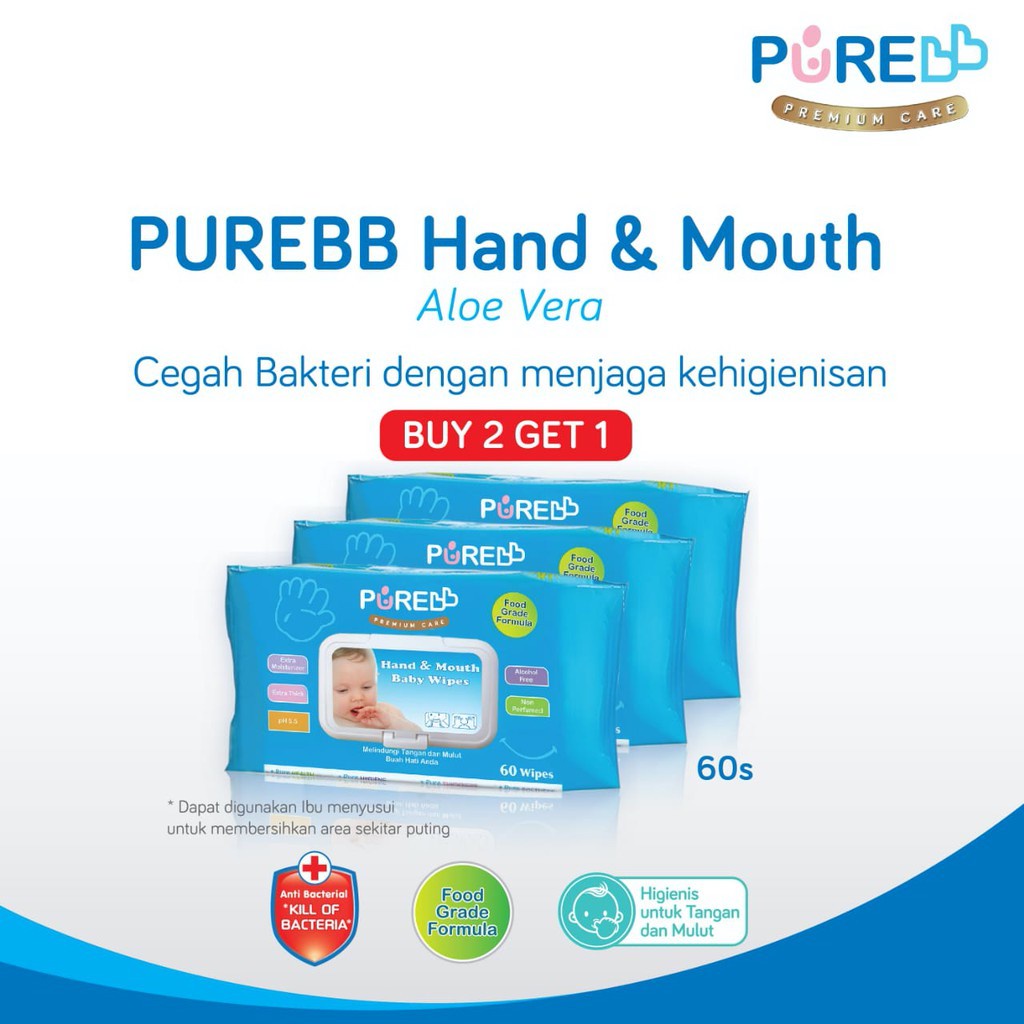 Pure BB Hand &amp; Mouth Baby Wipes Tissue Basah Aloe Vera Biru 60 Sheets Combo