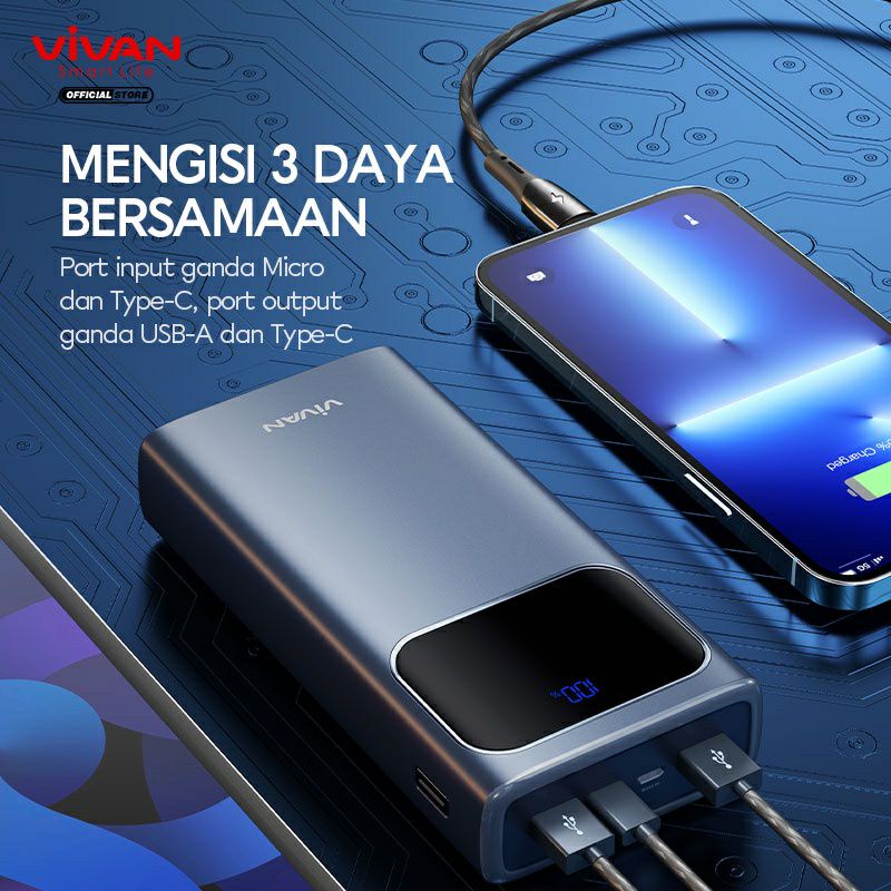 Powerbank Vivan VPB-C20 20000mAh LED PD QC3.0 22.5W 3 Output USB-A &amp; USB-C Original