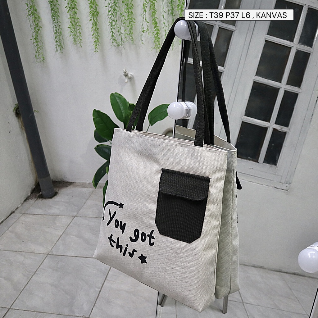 COD Semarang Totebag Bahan Kanvas Halus By NEVSET Kain Kanvas Warna Crem Dengan Resleting Tas Kuliah Sehari hari