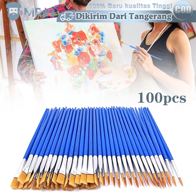 

100pcs Kuas Lukis Akrilik Bulu Nilon Cat Air/Kuas Cat Minyak/Set Kuas Lukis Lengkap Ujung Pointed Dan Flat - Artist Paint Brush