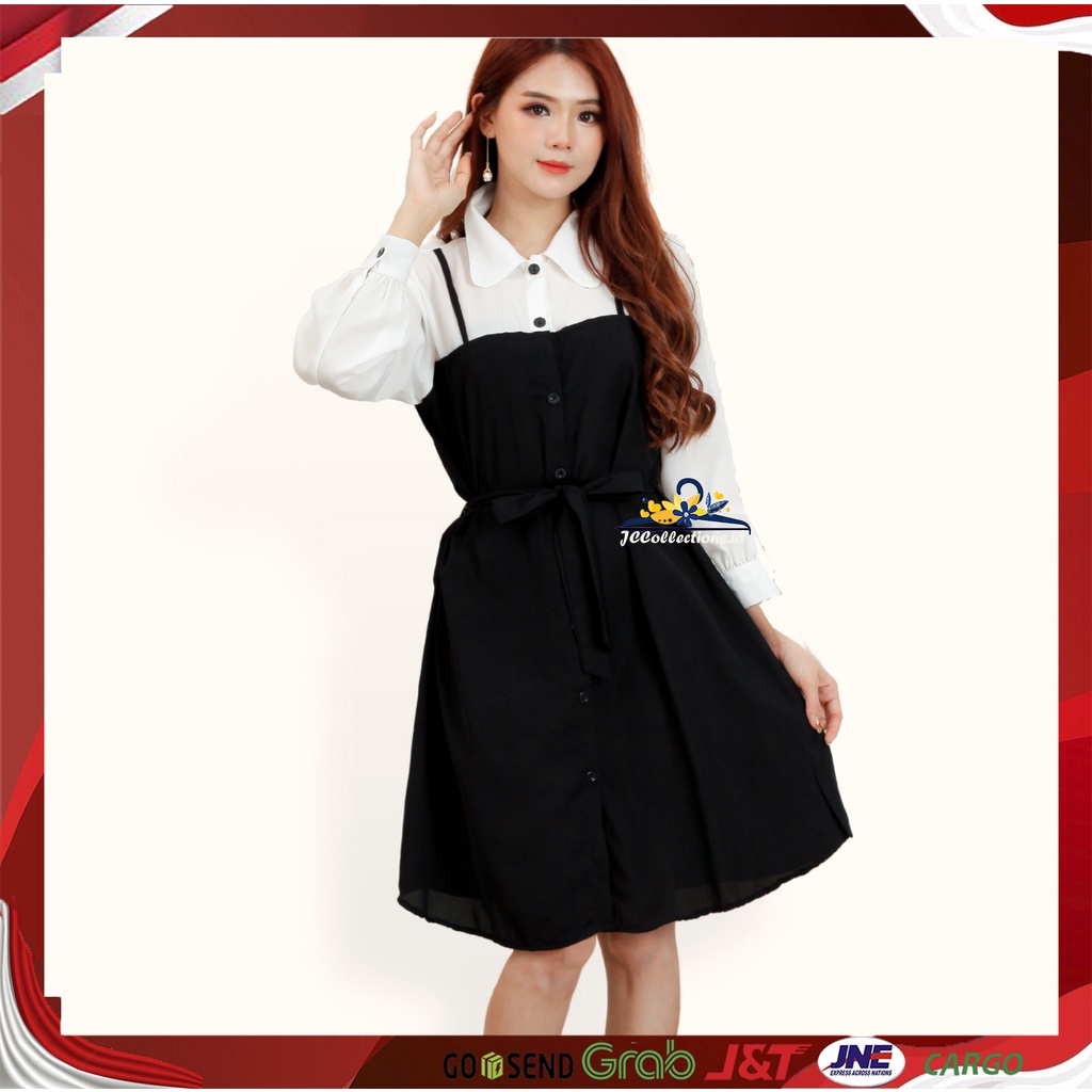 Midi Dress tunik Lengan panjang wanita gaya korea kombinasi warna Kenisha LS JCCollections
