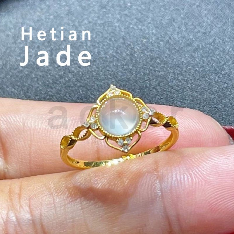 Cincin Giok Hetian Alami Lapis Emas 18K Untuk Wanita