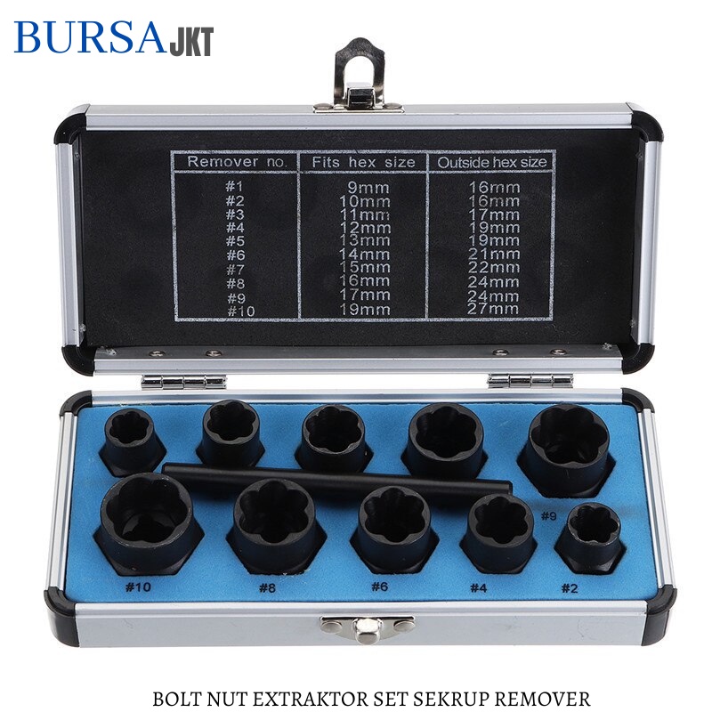PEMBUKA BAUT MUR RUSAK BOLT NUT BOX SHORT &amp; LONG REMOVER EXTRAKTOR ISI 10PC SET