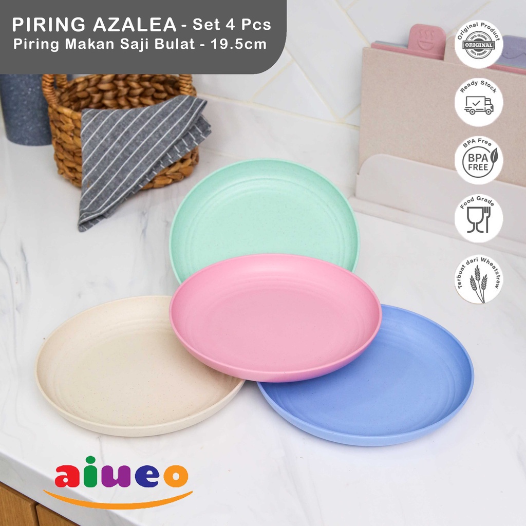 AIUEO Set 4 Pcs Round Plate 20cm Wheat Straw Piring Makan BPA free Warna Warni Piring Anak Piring Keluarga Piring saji Aesthetic Estetik Plastik