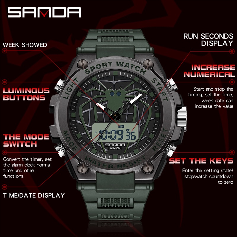 SANDA 3159 Jam Tangan Pria Digital Analog Tali Rubber Chronograph Anti Air WATCHKITE WKOS