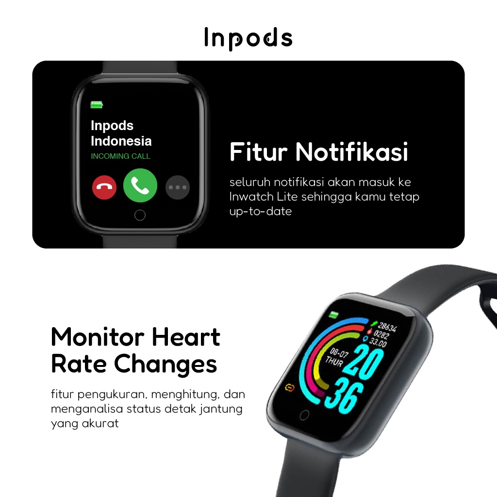 Inwatch Lite White Y68 Smart Watch Pintar Smartwatch Jam Tangan Pria Wanita Pintar Anti Air Bluetooth Multi Fungsi