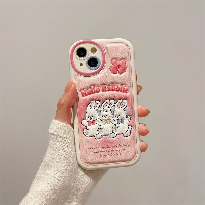 Case Desain Tiga Kelinci Pink Aksen Pita Untuk IPhone 12 13 14 11 Pro Max Xxsdcd
