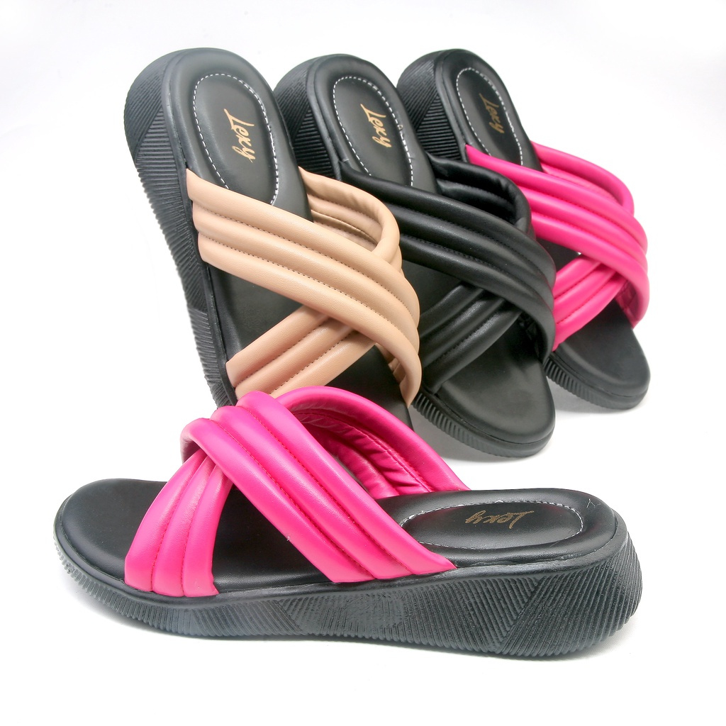 Lexy ATHENA Sandal Wanita Platform Wedges Flat Casual Sol Tebal Kokop Selop Silang Busa Empuk Puffy