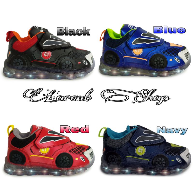 Sepatu Anak Laki-laki LED Karakter Mobil Sport / Sepatu Kets Sekolah TK / Sepatu Lampu anak PAUD