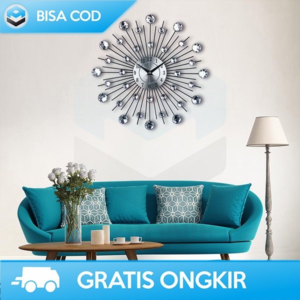 WALL CLOCK UNIK DESAIN ELEGAN LUXURY DIAMOND JAM DINDING QUARTZ SILVER