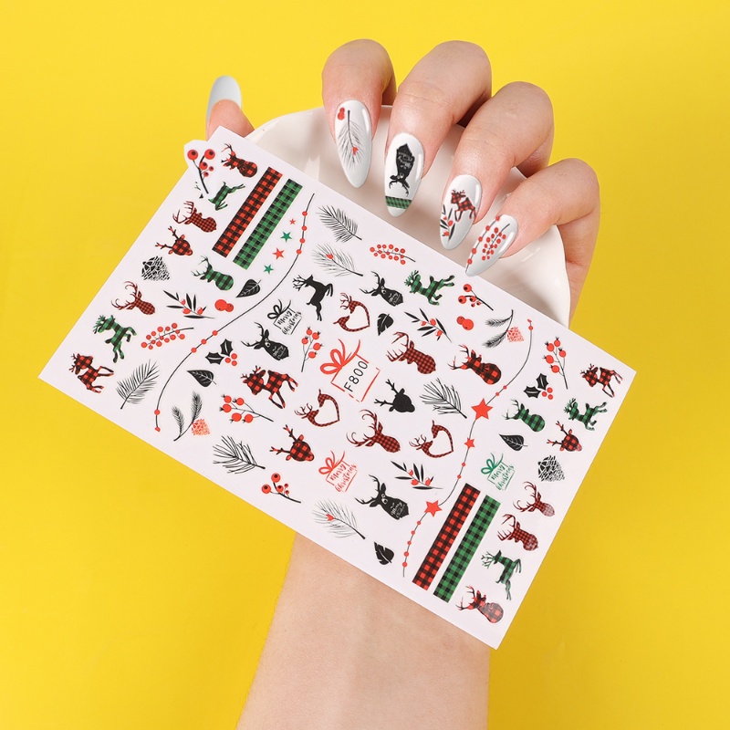 Stiker Kuku 3D Motif Rusa / Daun / Snowflake / Santa Claus Untuk Nail Art