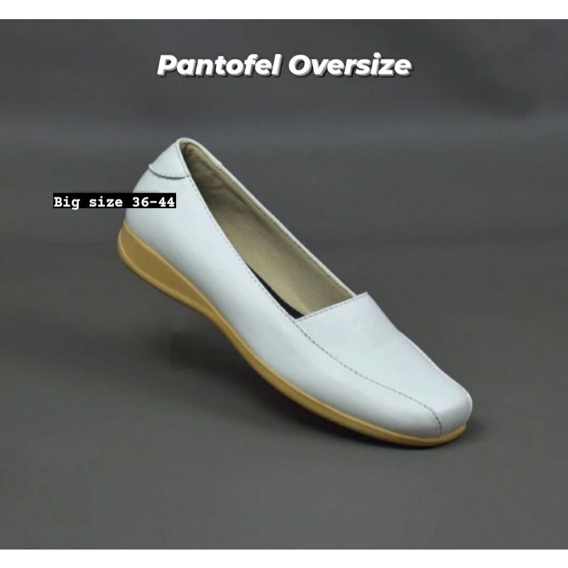 Original Sepatu Flat Mules Wanita Kulit MK.Putih Big Size 36-44 Flatshoes Suster Stikes Perawat Size JUMBO Pantofel Putih Kerja Dokter Kaki Jumbo Gemuk, 41