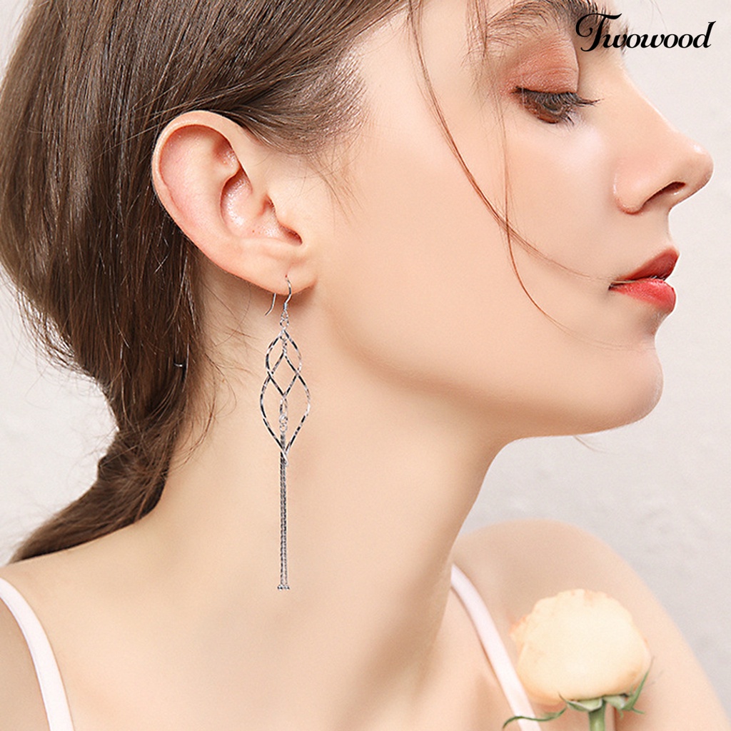 1 Pasang Anting Rantai Rumbai Panjang Bentuk Belah Ketupat Ganda Electroplating Untuk Wanita