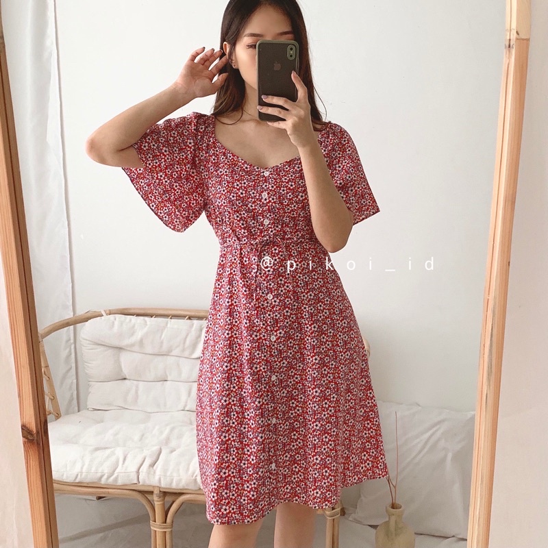 Dress Korea / Floral Dress Merah / Dress Merah Natal / Dress Imlek / Dress Motif Bunga Summer / Dres Korea / 2508