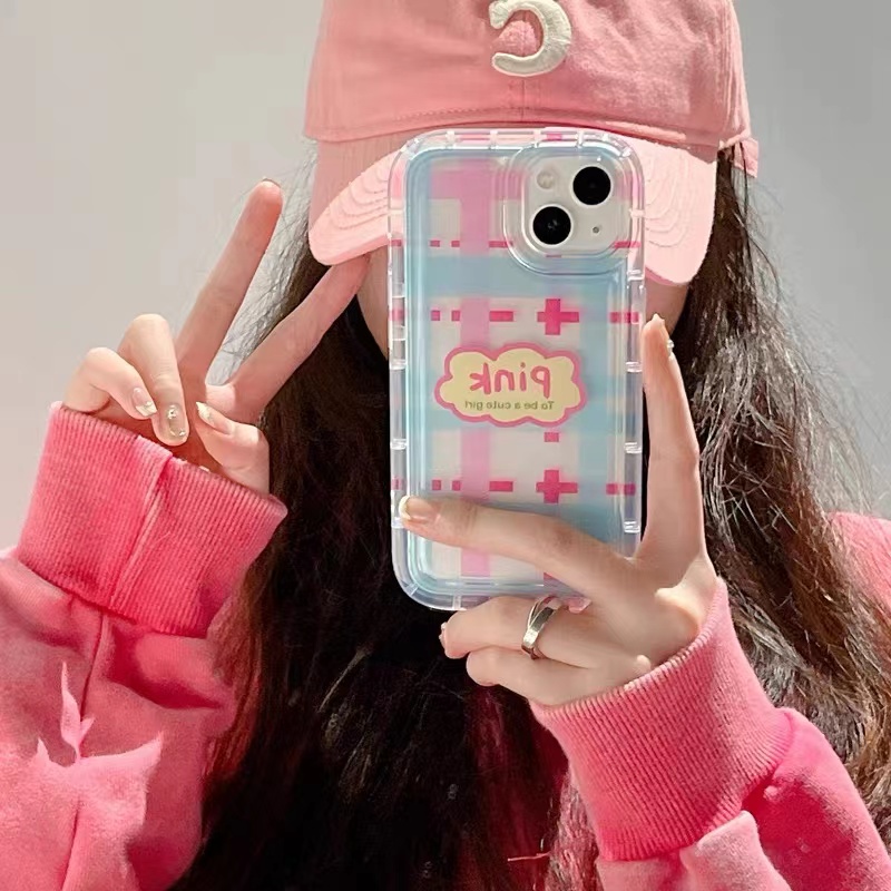 Soft Case TPU Silikon Transparan Motif Kotak-Kotak Pink Untuk IPhone 14 13 12 11 Pro XR X XS Max 8 7 6S Plus