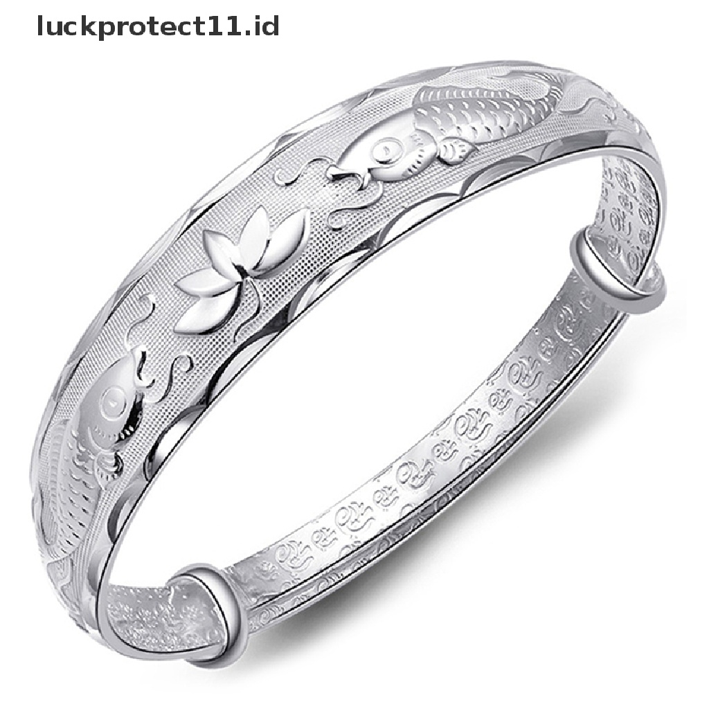 Gelang Bangle Adjustable Desain Ikan Dan Bunga Lotus Warna Silver Untuk Wanita