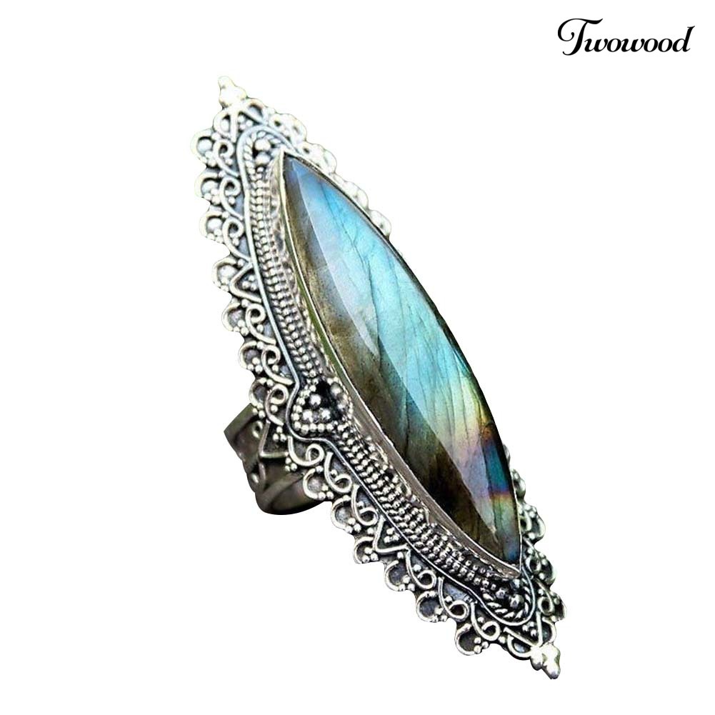 Cincin Marquise Cut Hias Batu Labradorite Imitasi Gaya Retro Untuk Wanita