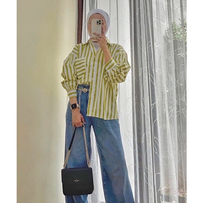 Strippy Shirt Jumbo Kemeja Salur Oversize Atasan Jumbo Wanita