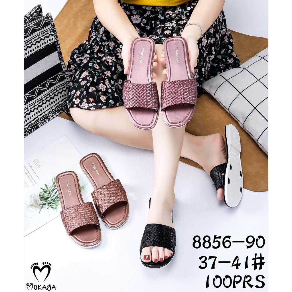 Sandal slop Flat teplek wanita motif F kilap simple elegant 8856-90 size 37-41