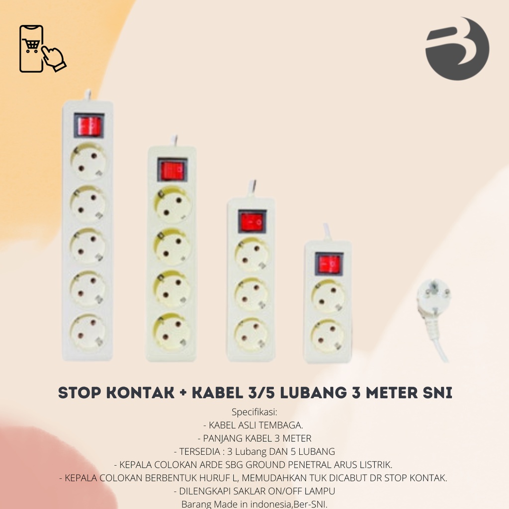 STOP KONTAK + KABEL 3/5 LUBANG 3 METER SNI