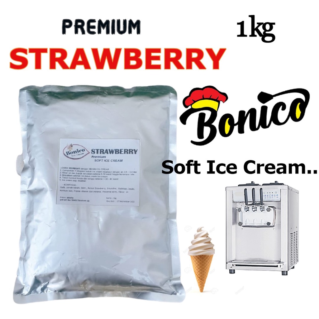 

BONICO STRAWBERRY Soft Ice Cream Powder 1kg PREMIUM RESTO premix serbuk bubuk tepung es krim instan mesin maker STRAWBERI CONE Halal soft mix serve distributor grosir produsen 1000 g