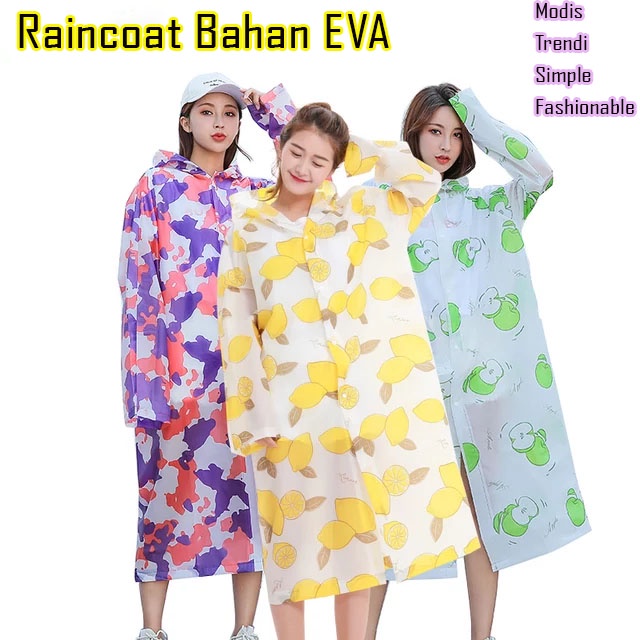 Jas Hujan EVA Raincoat Ponco Terusan EVA Dewasa Pria Wanita Motif Travel Fashion Yellow Lemon Apple Korea Style